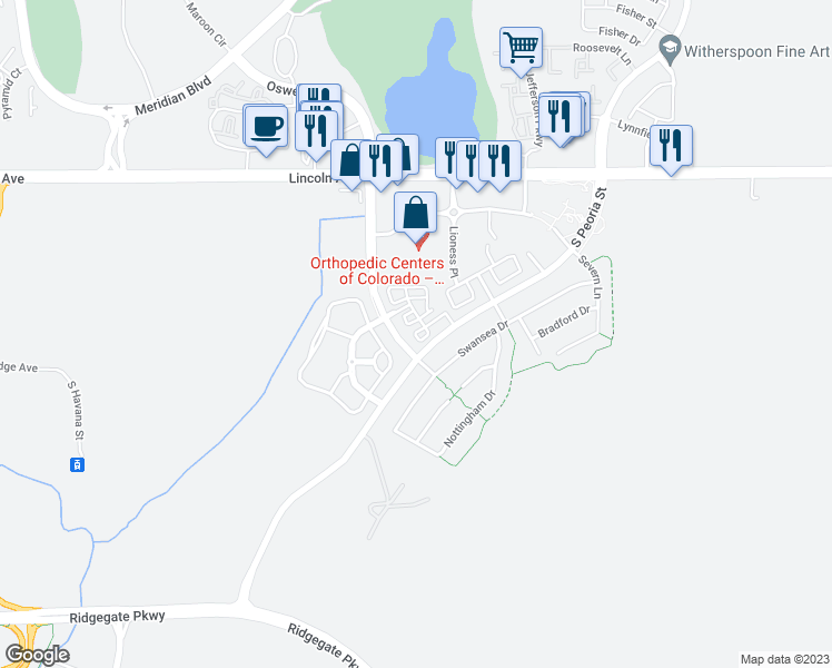 map of restaurants, bars, coffee shops, grocery stores, and more near 11874 Bolton Circle in Parker