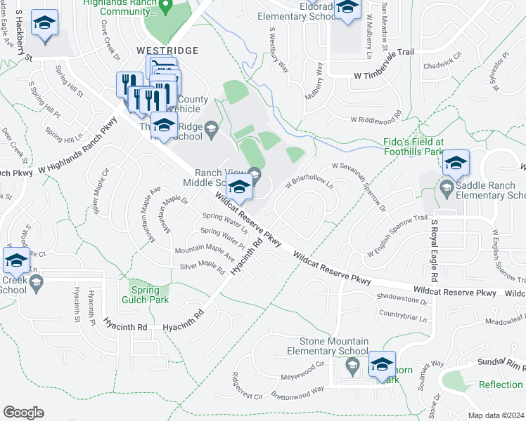 map of restaurants, bars, coffee shops, grocery stores, and more near 10263 South Cedaridge Court in Littleton