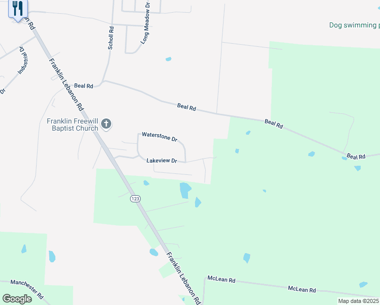 map of restaurants, bars, coffee shops, grocery stores, and more near 1 Lakeridge Drive in Franklin