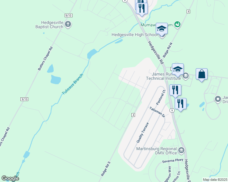 map of restaurants, bars, coffee shops, grocery stores, and more near 188 Brant Lane in Martinsburg