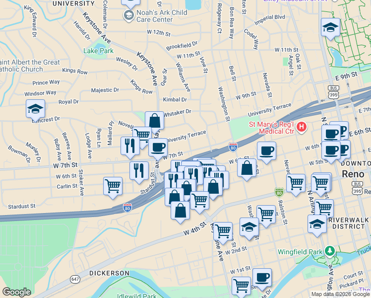 map of restaurants, bars, coffee shops, grocery stores, and more near 900 West 7th Street in Reno