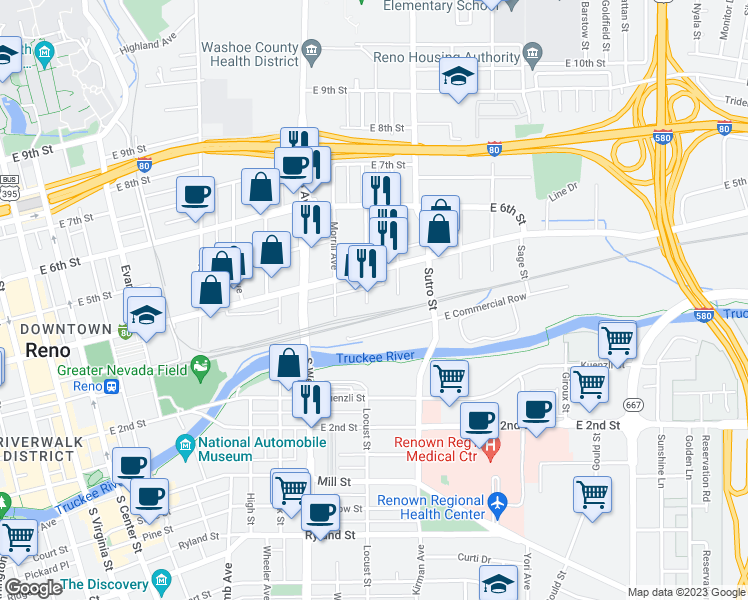 map of restaurants, bars, coffee shops, grocery stores, and more near 310 Spokane Street in Reno