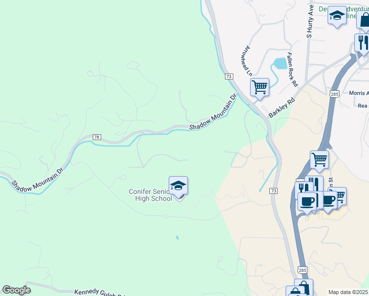 map of restaurants, bars, coffee shops, grocery stores, and more near 10489 Conifer Drive in Conifer