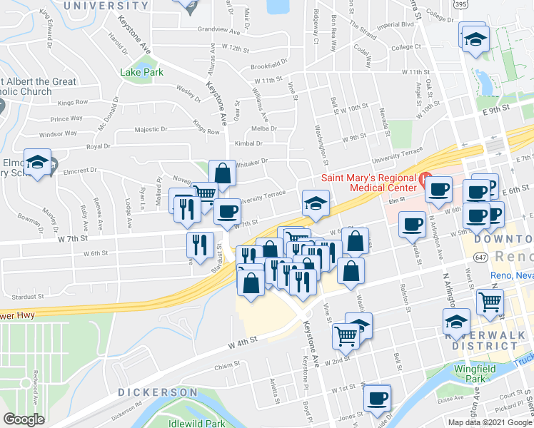 map of restaurants, bars, coffee shops, grocery stores, and more near 900 West 7th Street in Reno