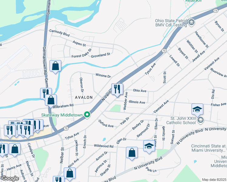 map of restaurants, bars, coffee shops, grocery stores, and more near 2908 North Verity Parkway in Middletown