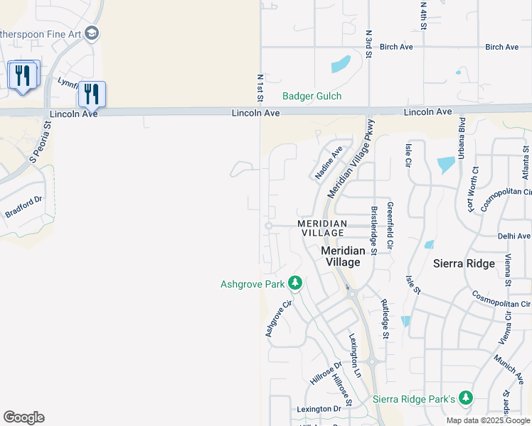 map of restaurants, bars, coffee shops, grocery stores, and more near 10204 Tall Oaks Circle in Parker