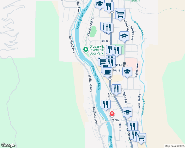 map of restaurants, bars, coffee shops, grocery stores, and more near 2104 Midland Ave in Glenwood Springs