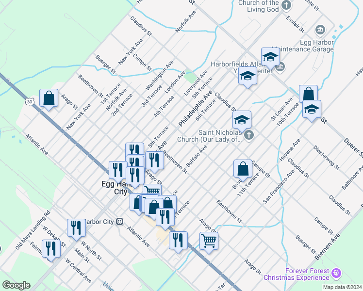 map of restaurants, bars, coffee shops, grocery stores, and more near 339 Cincinnati Avenue in Egg Harbor City