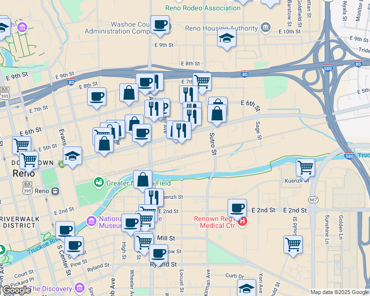 map of restaurants, bars, coffee shops, grocery stores, and more near 310 Spokane Street in Reno