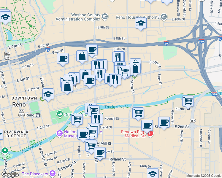 map of restaurants, bars, coffee shops, grocery stores, and more near 300 Spokane Street in Reno