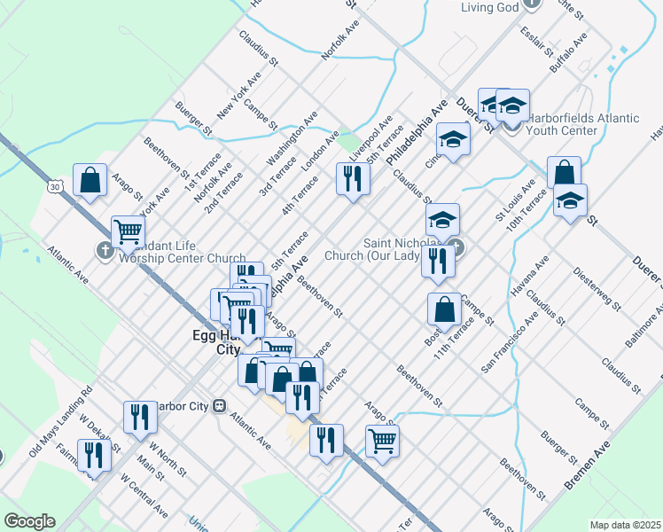 map of restaurants, bars, coffee shops, grocery stores, and more near 339 Cincinnati Avenue in Egg Harbor City