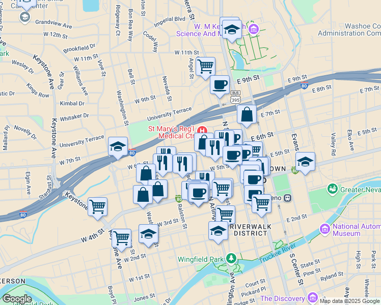 map of restaurants, bars, coffee shops, grocery stores, and more near 350 West 6th Street in Reno