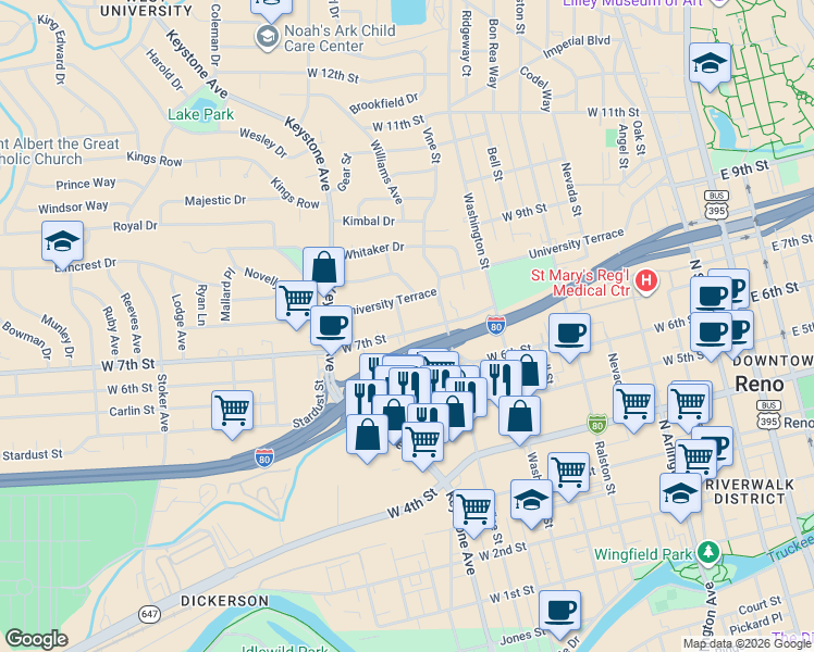 map of restaurants, bars, coffee shops, grocery stores, and more near in Reno