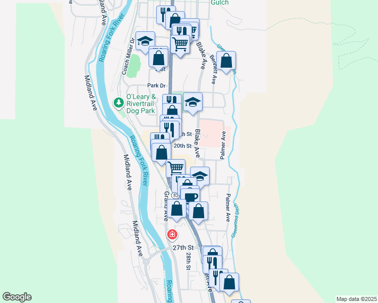 map of restaurants, bars, coffee shops, grocery stores, and more near 2015 Blake Avenue in Glenwood Springs