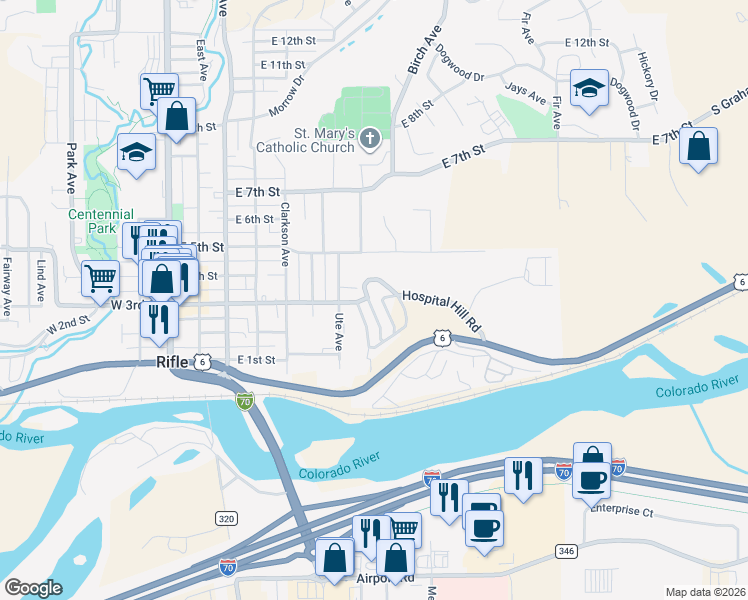 map of restaurants, bars, coffee shops, grocery stores, and more near 207 Ash Ave in Rifle