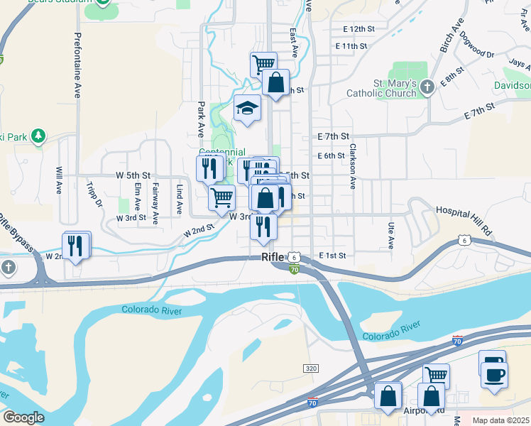 map of restaurants, bars, coffee shops, grocery stores, and more near 110 West 3rd Street in Rifle