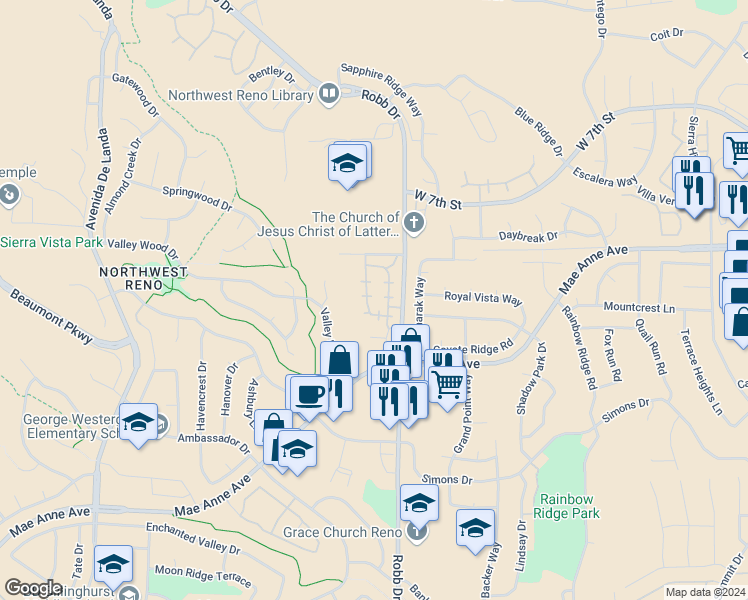 map of restaurants, bars, coffee shops, grocery stores, and more near 1902 Tuolumne Drive in Reno