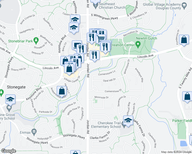 map of restaurants, bars, coffee shops, grocery stores, and more near 17088 Cornerstone Lane in Parker