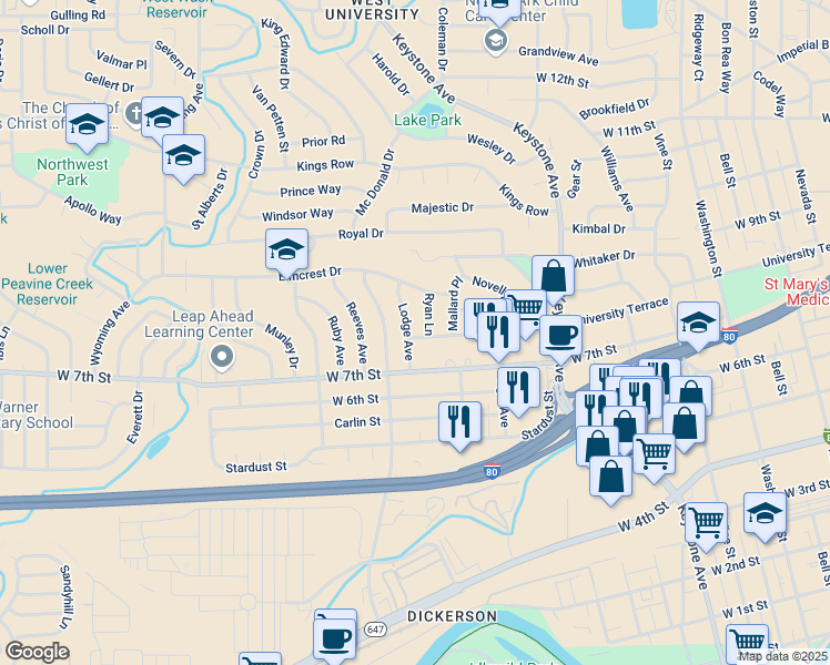 map of restaurants, bars, coffee shops, grocery stores, and more near 1585 University Terrace in Reno