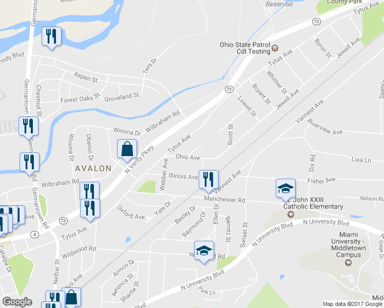 map of restaurants, bars, coffee shops, grocery stores, and more near 3201 Ohio Avenue in Middletown