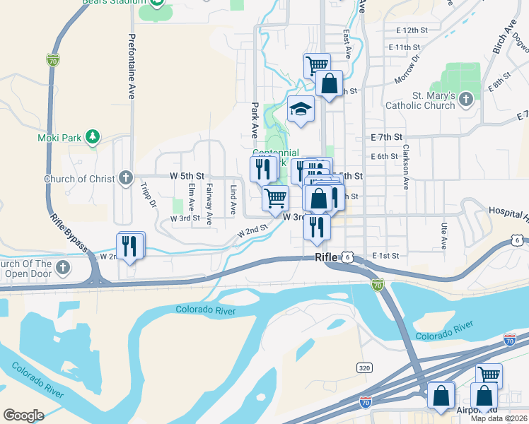 map of restaurants, bars, coffee shops, grocery stores, and more near 333 Park Avenue in Rifle