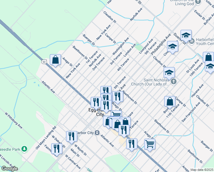 map of restaurants, bars, coffee shops, grocery stores, and more near 257 Liverpool Avenue in Egg Harbor City