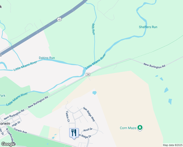map of restaurants, bars, coffee shops, grocery stores, and more near Little Miami Scenic Trail in Waynesville