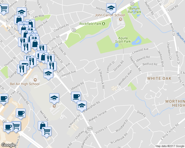 map of restaurants, bars, coffee shops, grocery stores, and more near 14 Hunter Drive in Bel Air