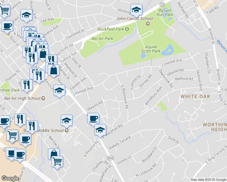 map of restaurants, bars, coffee shops, grocery stores, and more near 14 Hunter Drive in Bel Air