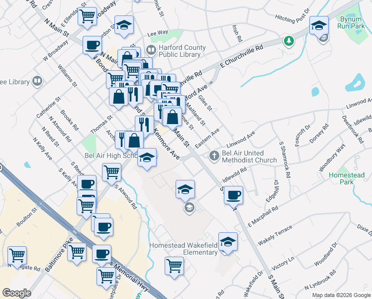 map of restaurants, bars, coffee shops, grocery stores, and more near 426 South Main Street in Bel Air