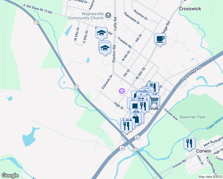 map of restaurants, bars, coffee shops, grocery stores, and more near 514 High Street in Waynesville