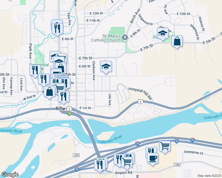 map of restaurants, bars, coffee shops, grocery stores, and more near 405 Ute Avenue in Rifle