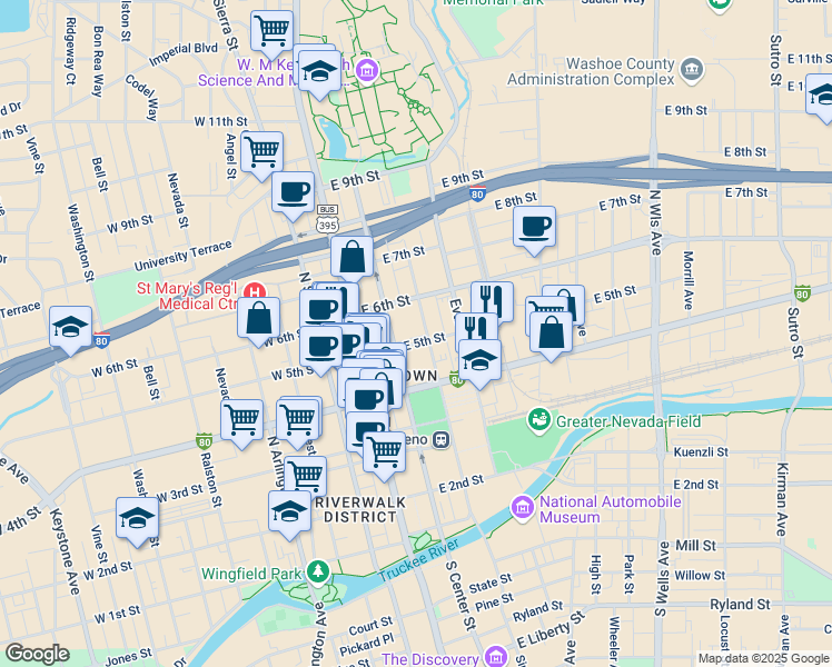 map of restaurants, bars, coffee shops, grocery stores, and more near 535 Lake Street in Reno