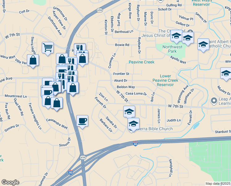 map of restaurants, bars, coffee shops, grocery stores, and more near 1325 Beldon Way in Reno