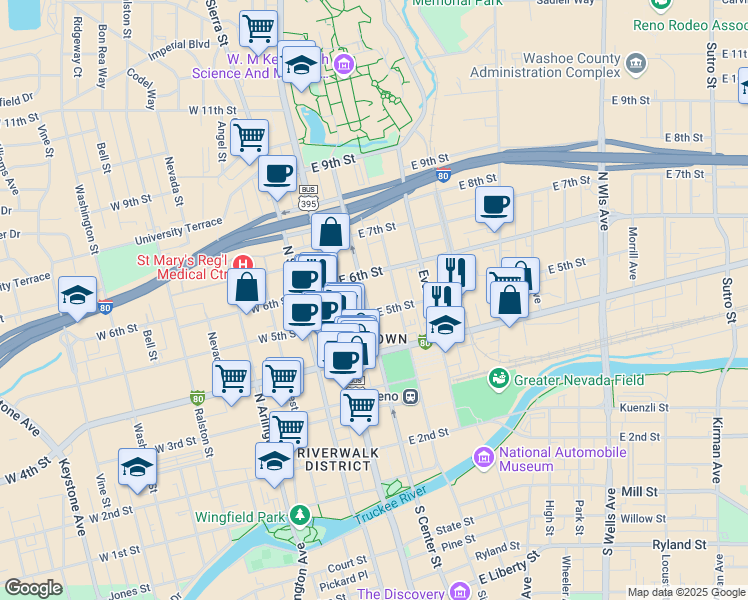 map of restaurants, bars, coffee shops, grocery stores, and more near 535 Lake Street in Reno