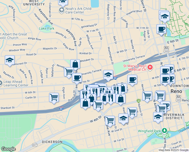 map of restaurants, bars, coffee shops, grocery stores, and more near 940 University Terrace in Reno