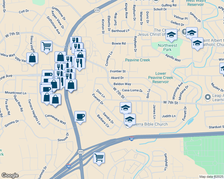 map of restaurants, bars, coffee shops, grocery stores, and more near 1325 Beldon Way in Reno