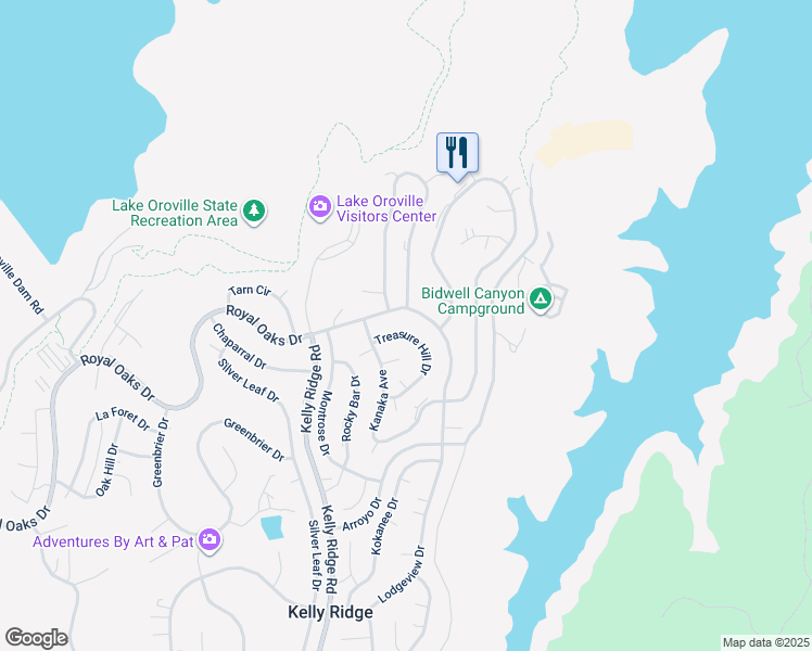 map of restaurants, bars, coffee shops, grocery stores, and more near 5374 Treasure Hill Drive in Oroville
