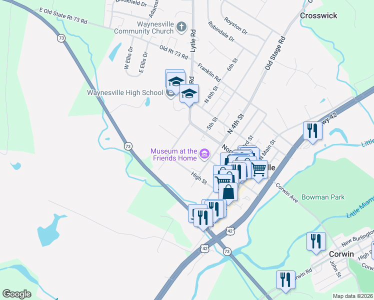 map of restaurants, bars, coffee shops, grocery stores, and more near 514 High Street in Waynesville