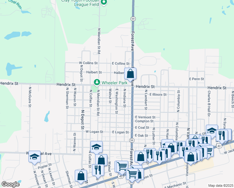 map of restaurants, bars, coffee shops, grocery stores, and more near 832 N Washington St in Brazil