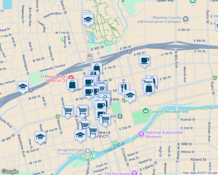 map of restaurants, bars, coffee shops, grocery stores, and more near 535 Lake Street in Reno
