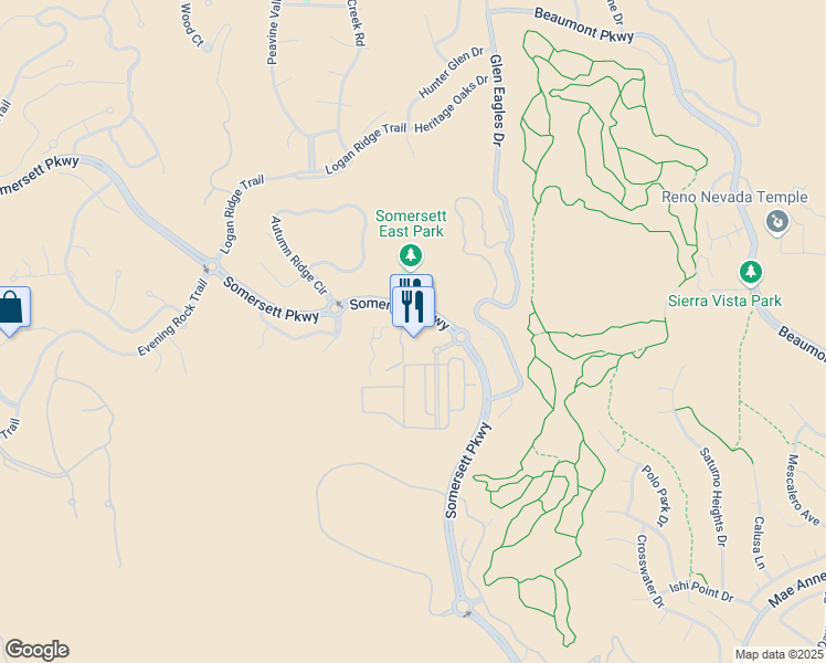 map of restaurants, bars, coffee shops, grocery stores, and more near 7665 town Square Lane in Reno