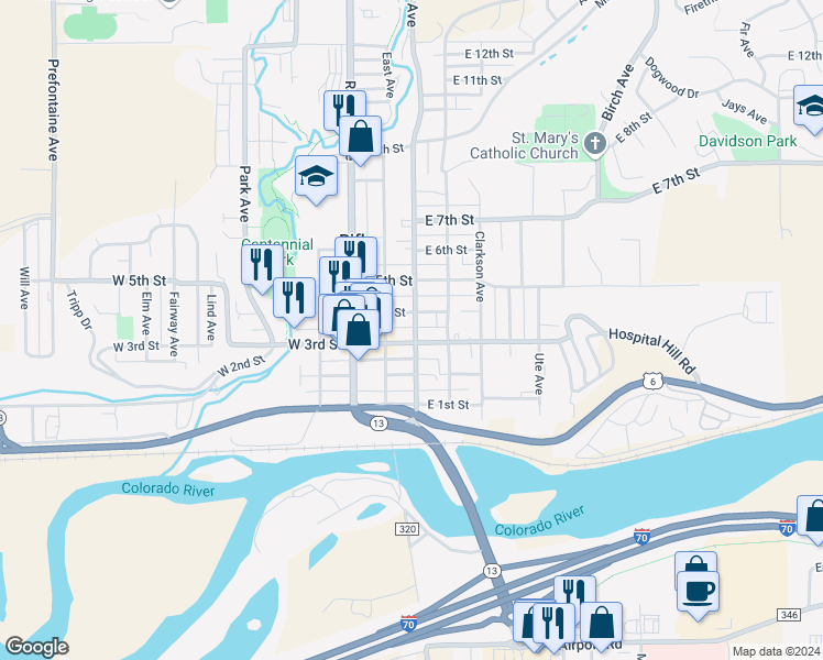 map of restaurants, bars, coffee shops, grocery stores, and more near 235 East 4th Street in Rifle