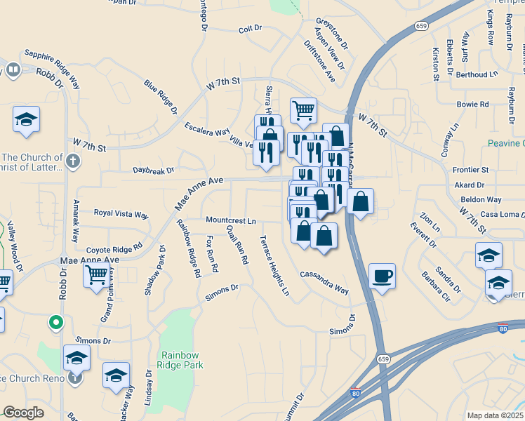 map of restaurants, bars, coffee shops, grocery stores, and more near 5221 Sierra Highlands Court in Reno
