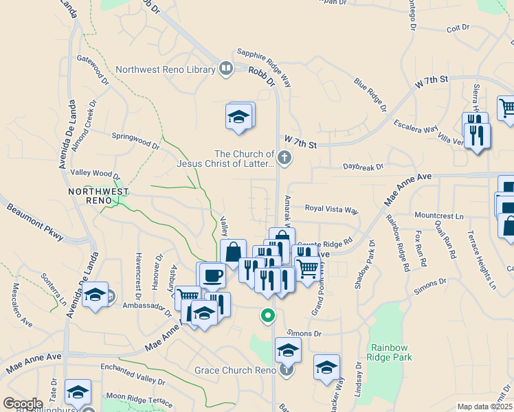 map of restaurants, bars, coffee shops, grocery stores, and more near 1927 East Minaret Circle in Reno