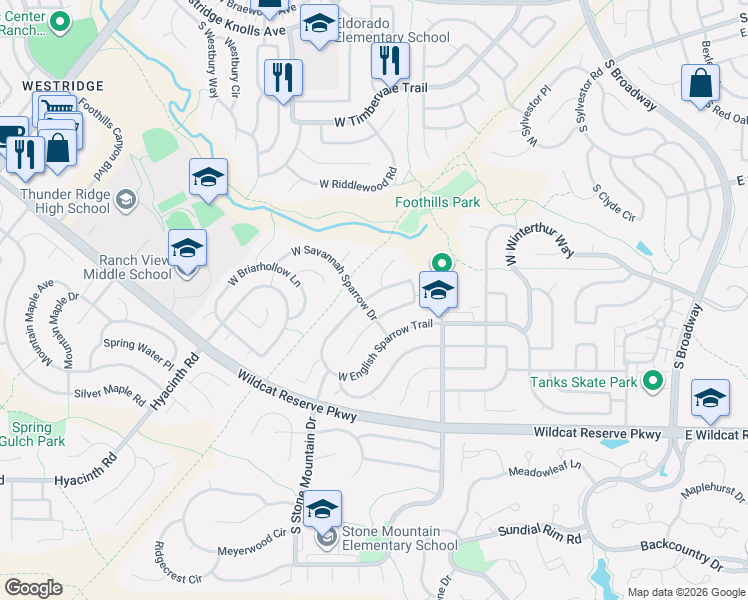 map of restaurants, bars, coffee shops, grocery stores, and more near 970 West Sage Sparrow Circle in Littleton