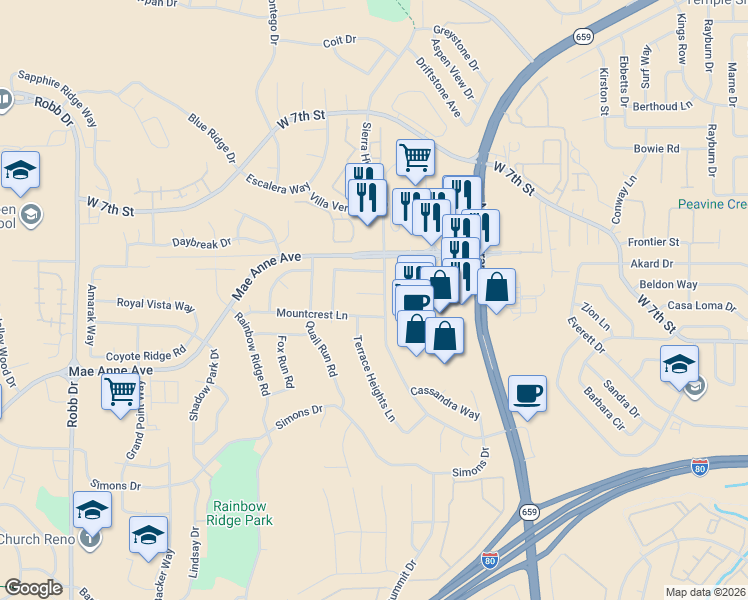 map of restaurants, bars, coffee shops, grocery stores, and more near 5221 Sierra Highlands Court in Reno