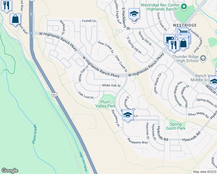 map of restaurants, bars, coffee shops, grocery stores, and more near 3153 White Oak Street in Littleton