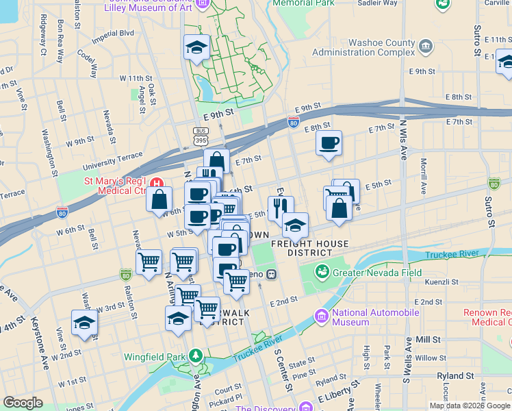 map of restaurants, bars, coffee shops, grocery stores, and more near 535 Lake Street in Reno