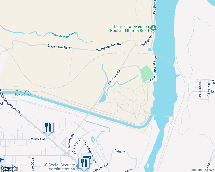map of restaurants, bars, coffee shops, grocery stores, and more near Cherokee Road in Oroville